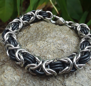 Black Rubber and Stainless Steel Chain Mail Bracelet