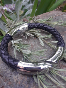 Black Leather and Stainless Steel Cuff Bracelet