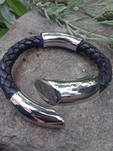 Black Leather and Stainless Steel Cuff Bracelet