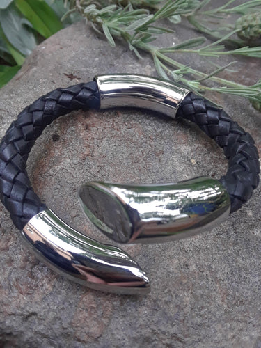 Black Leather and Stainless Steel Cuff Bracelet