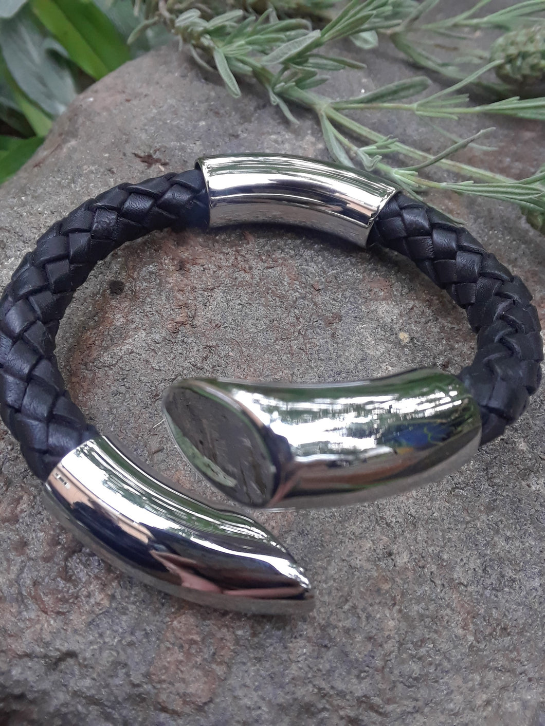 Black Leather and Stainless Steel Cuff Bracelet