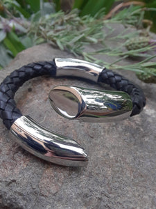 Black Leather and Stainless Steel Cuff Bracelet